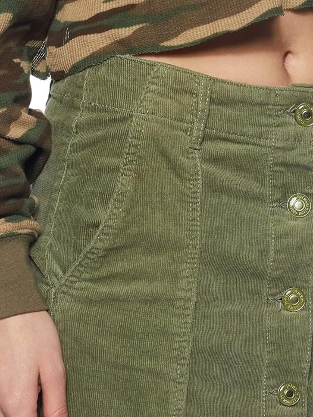 Forever 21 Womens Corduroy Mini Skirt Size 6 Olive Green Y2K Button Front - Picture 11 of 11